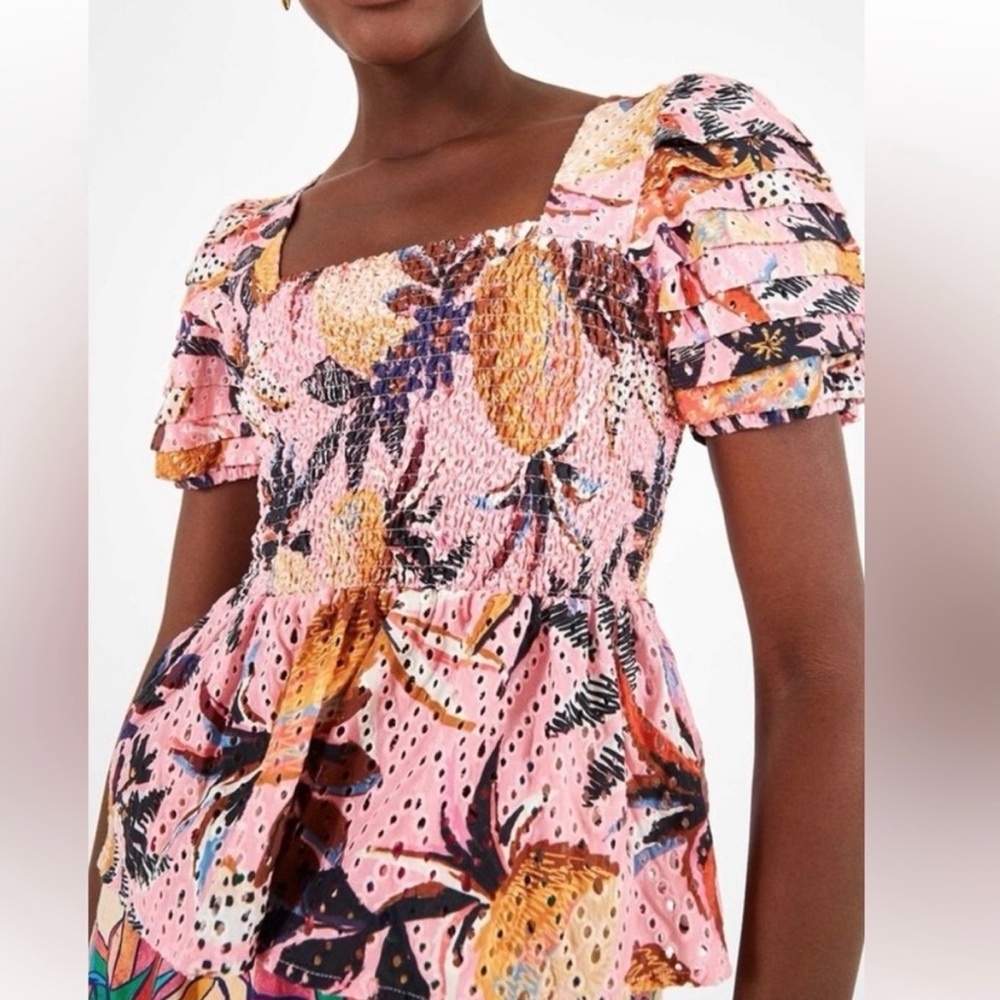 FARM Rio Pink and Orange Puff Sleeve Peplum Blouse